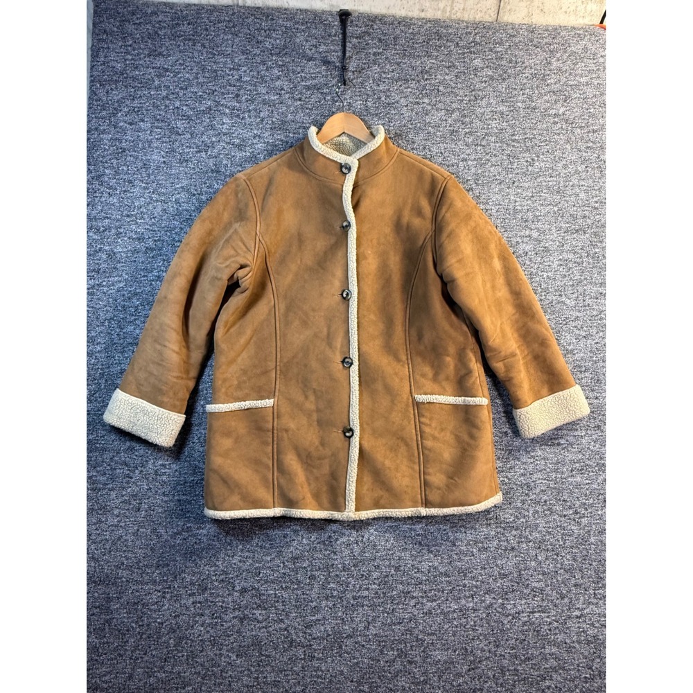 LL Bean Womens Large Faux Shearling Suede Coat Tan Button Front 0WL05 Regular
